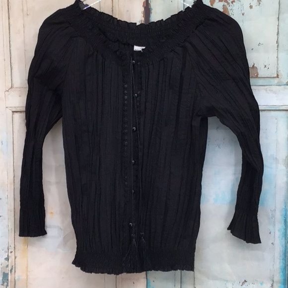 Harve Benard Tops - Harve Bernard Womans Small Black Long Sleeve Crape Button Blouse Tassels